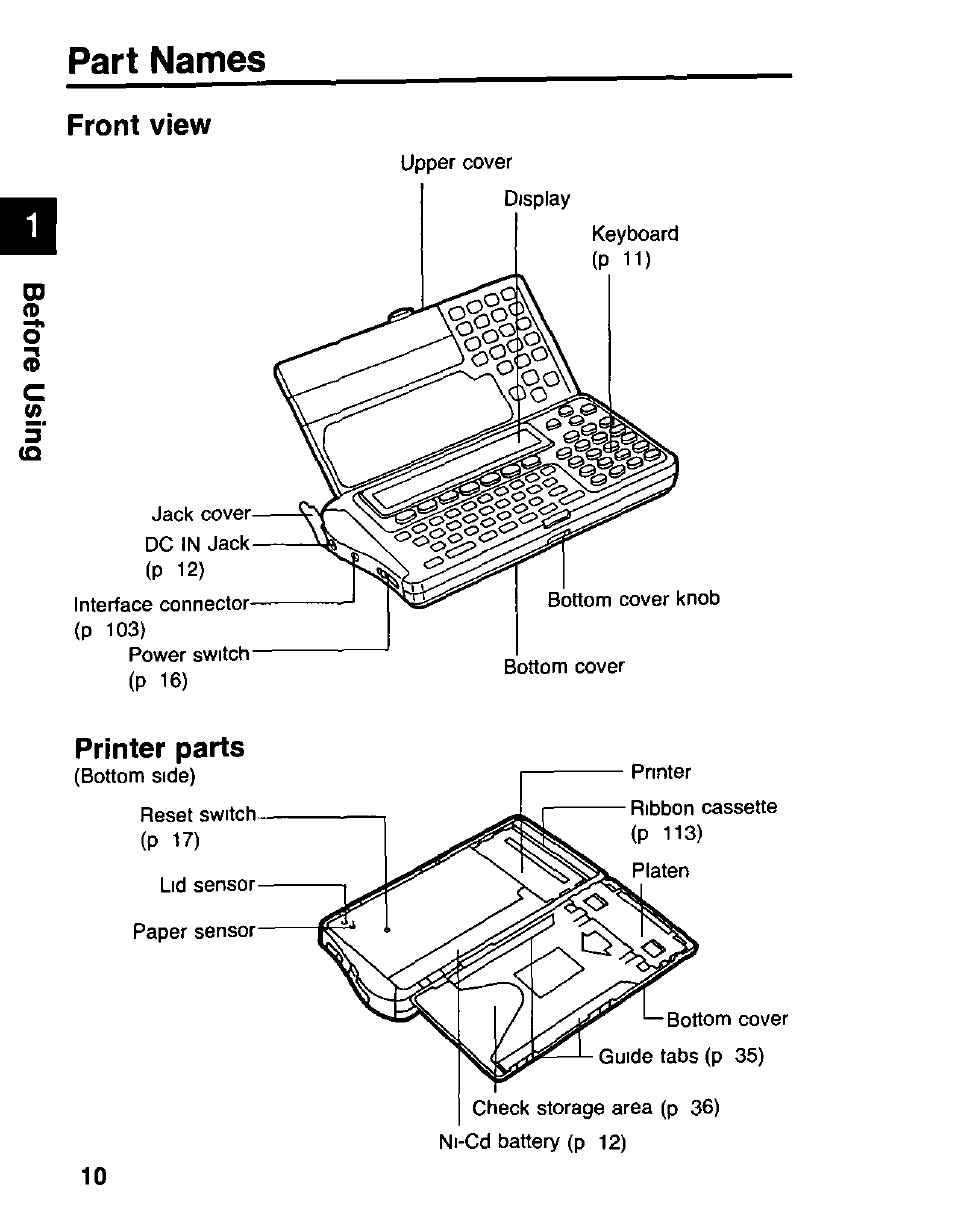 Part names, Front view, Printer parts | Panasonic KX-RC105 User Manual | Page 10 / 132
