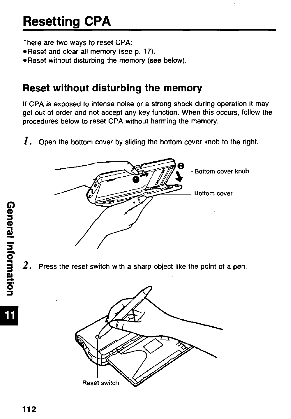 Resetting cpa, Reset without disturbing the memory | Panasonic KX-RC105 User Manual | Page 112 / 132