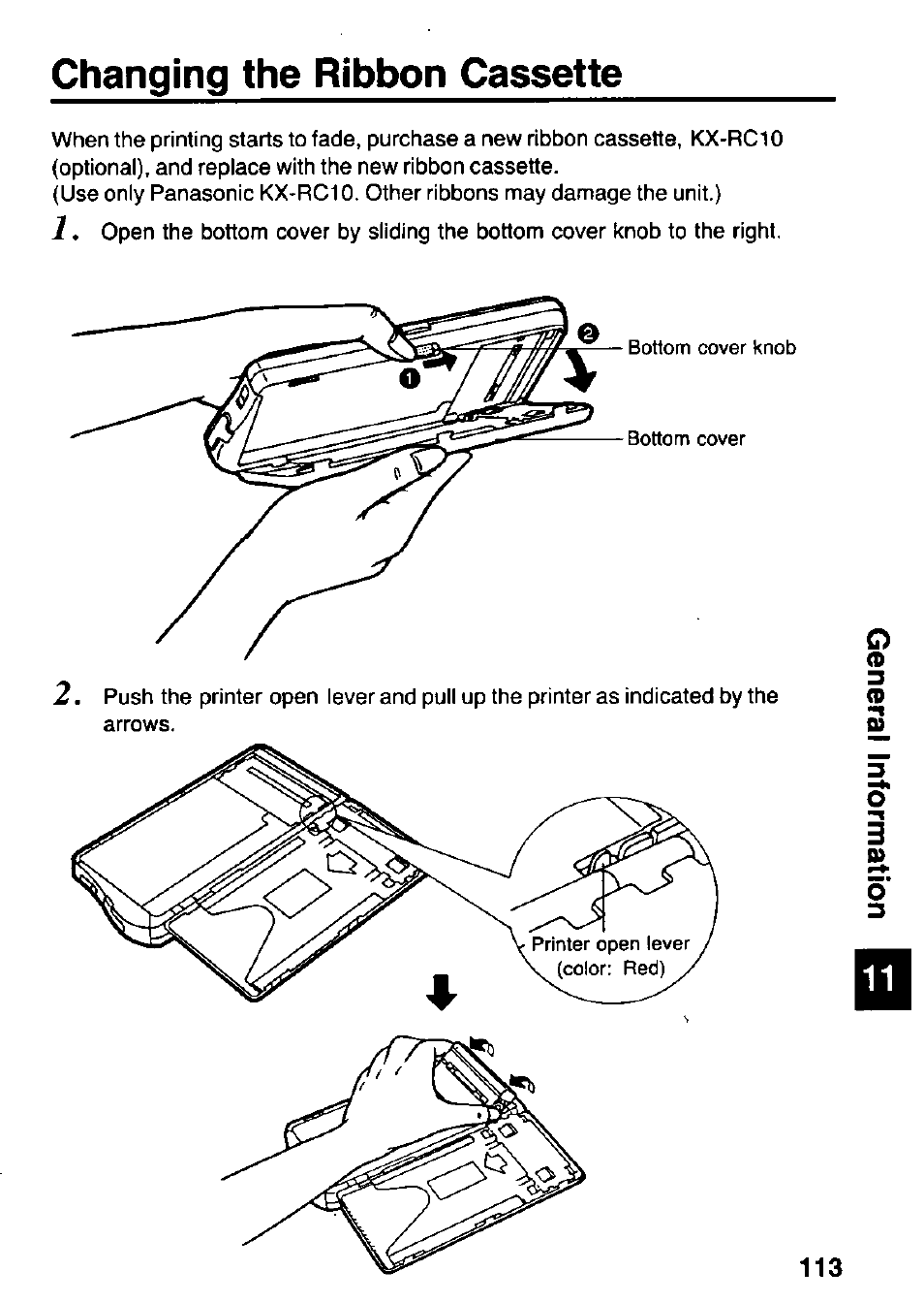 Changing the ribbon cassette | Panasonic KX-RC105 User Manual | Page 113 / 132
