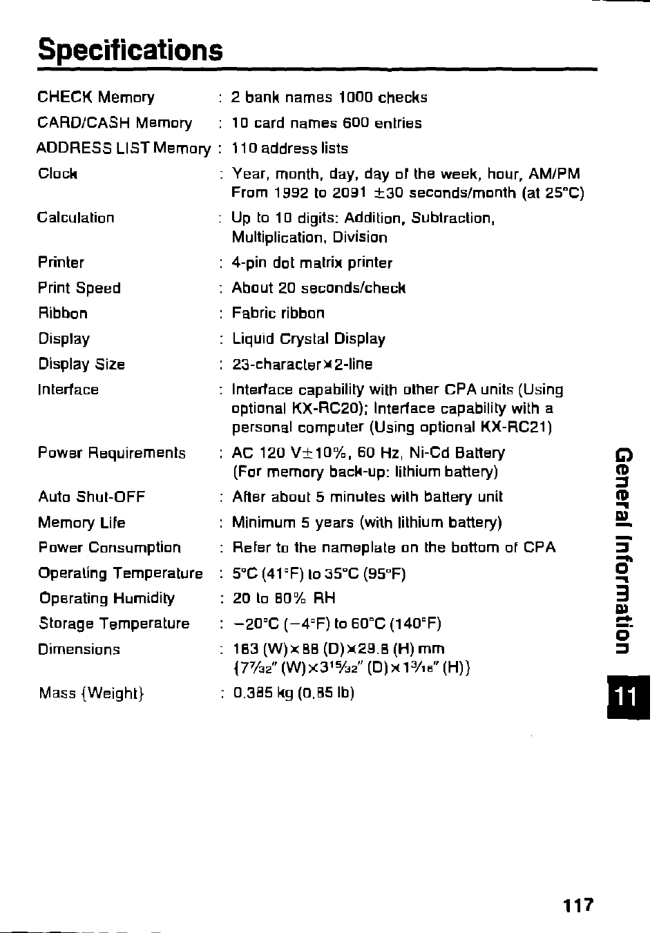 Specifications | Panasonic KX-RC105 User Manual | Page 117 / 132