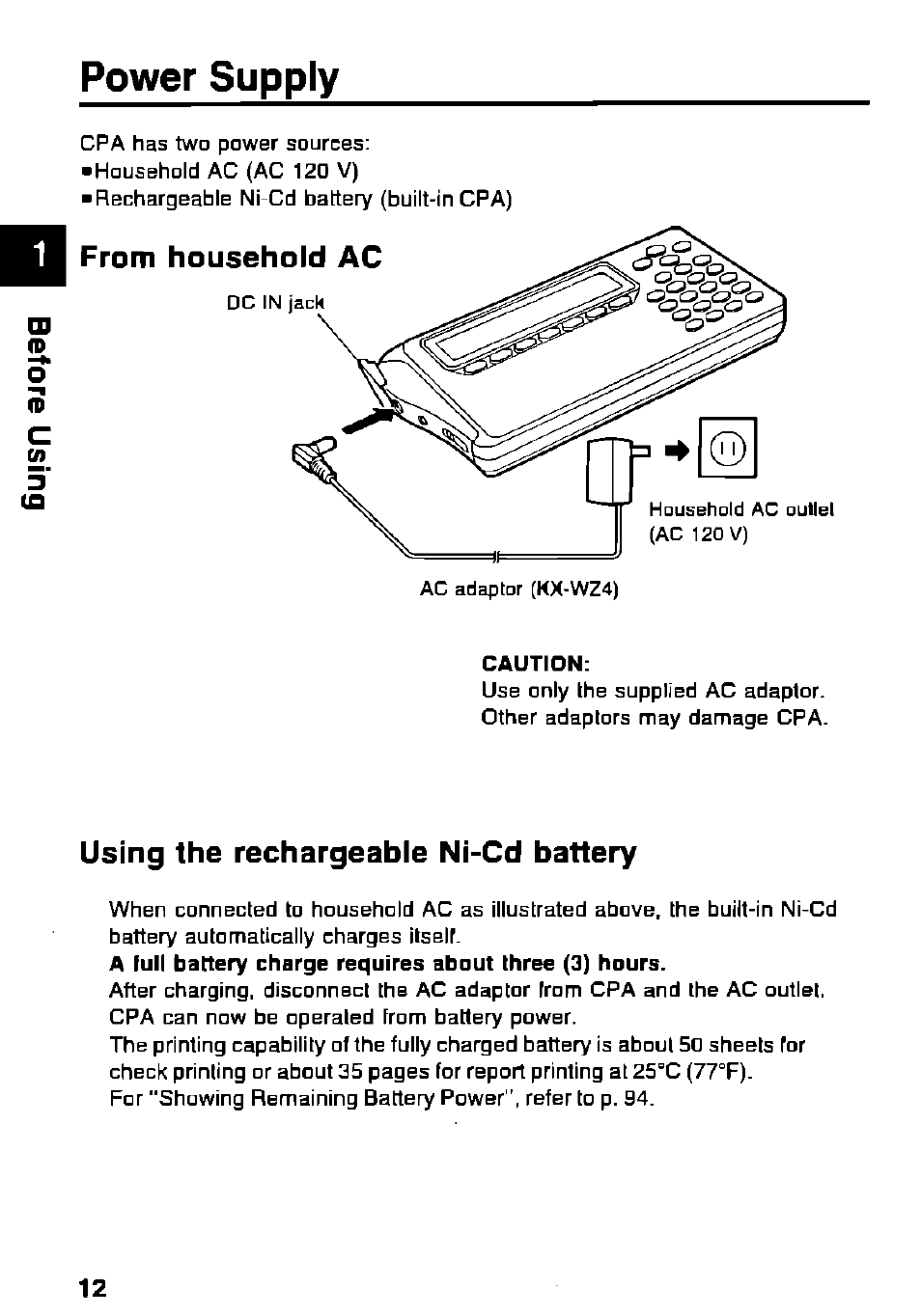 Power supply, Using the rechargeable ni-cd battery | Panasonic KX-RC105 User Manual | Page 12 / 132