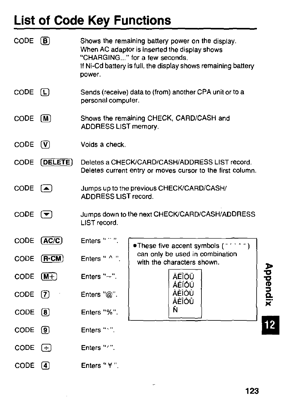 List of code key functions, Aei6u | Panasonic KX-RC105 User Manual | Page 123 / 132