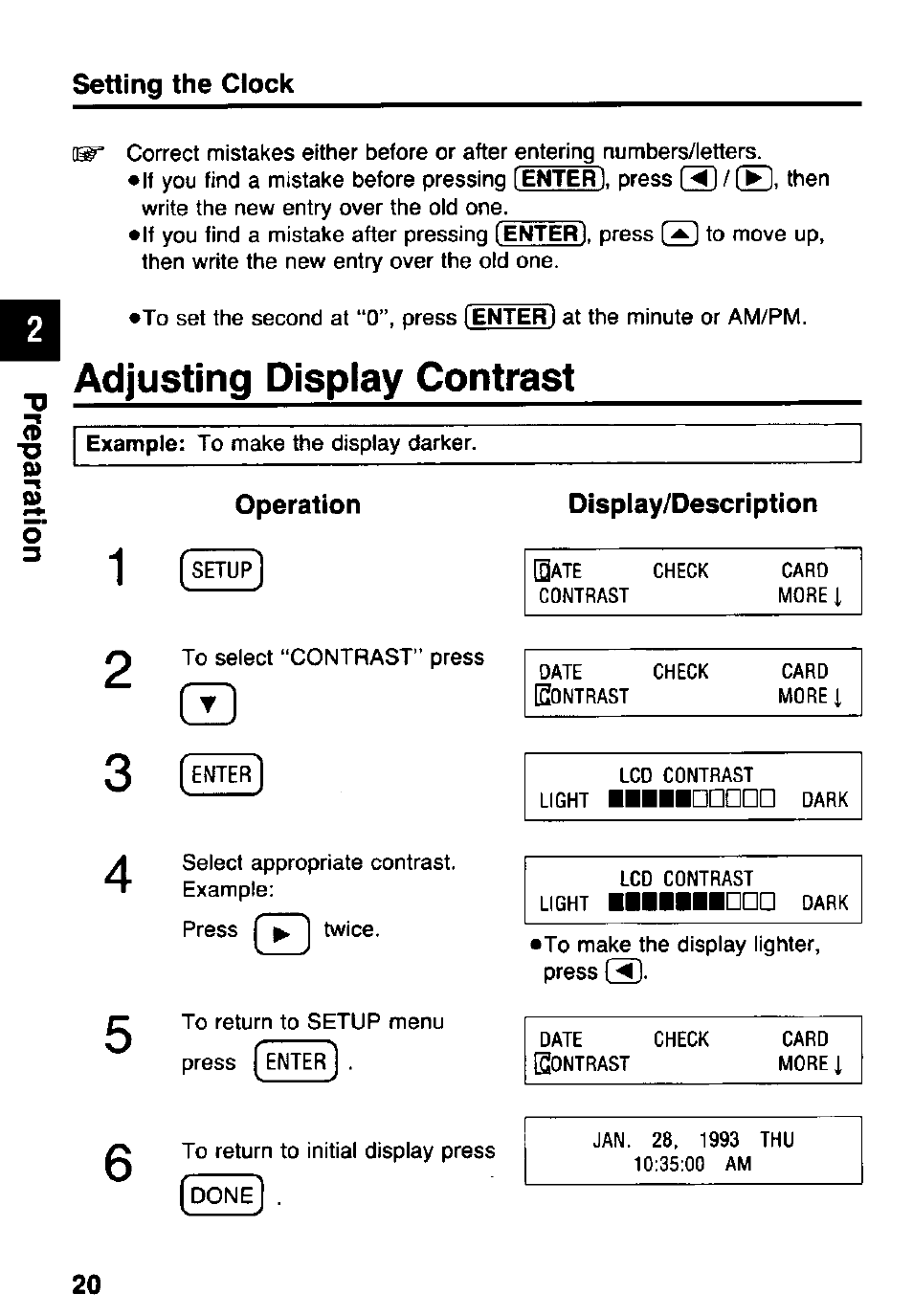 Adjusting display contrast, Operation, Display/description | Setting the clock, Operation display/description | Panasonic KX-RC105 User Manual | Page 20 / 132