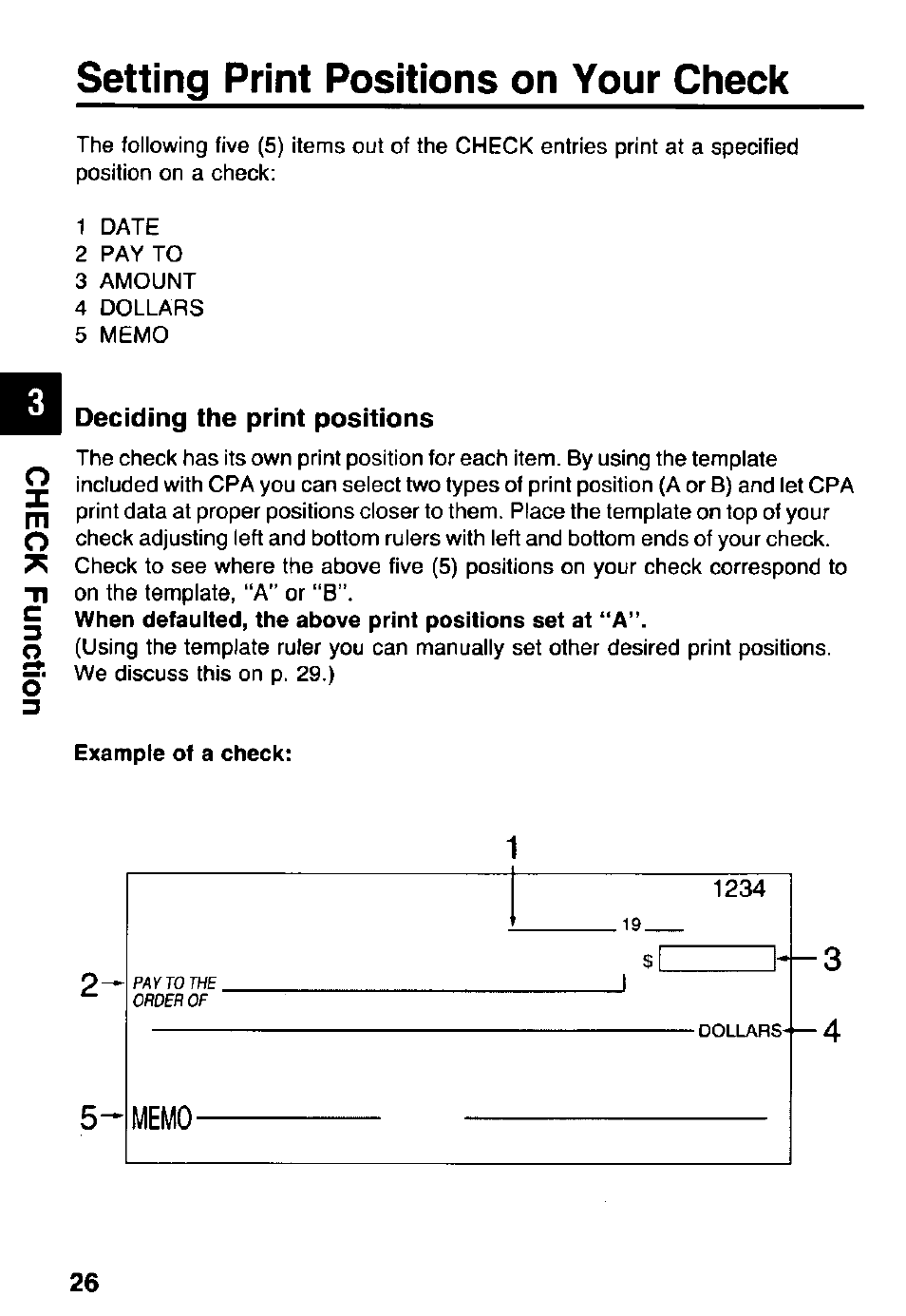 Setting print positions on your check, Deciding the print positions, Setting print positions on | Your check | Panasonic KX-RC105 User Manual | Page 26 / 132