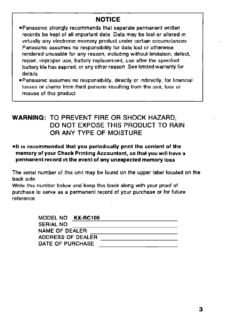 Notice | Panasonic KX-RC105 User Manual | Page 3 / 132