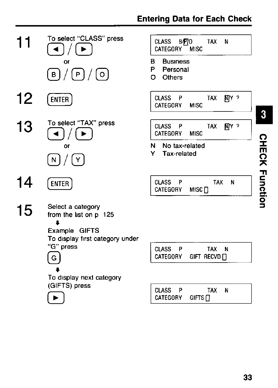 Cz]/s, Q / q, Entering data for each check | Panasonic KX-RC105 User Manual | Page 33 / 132