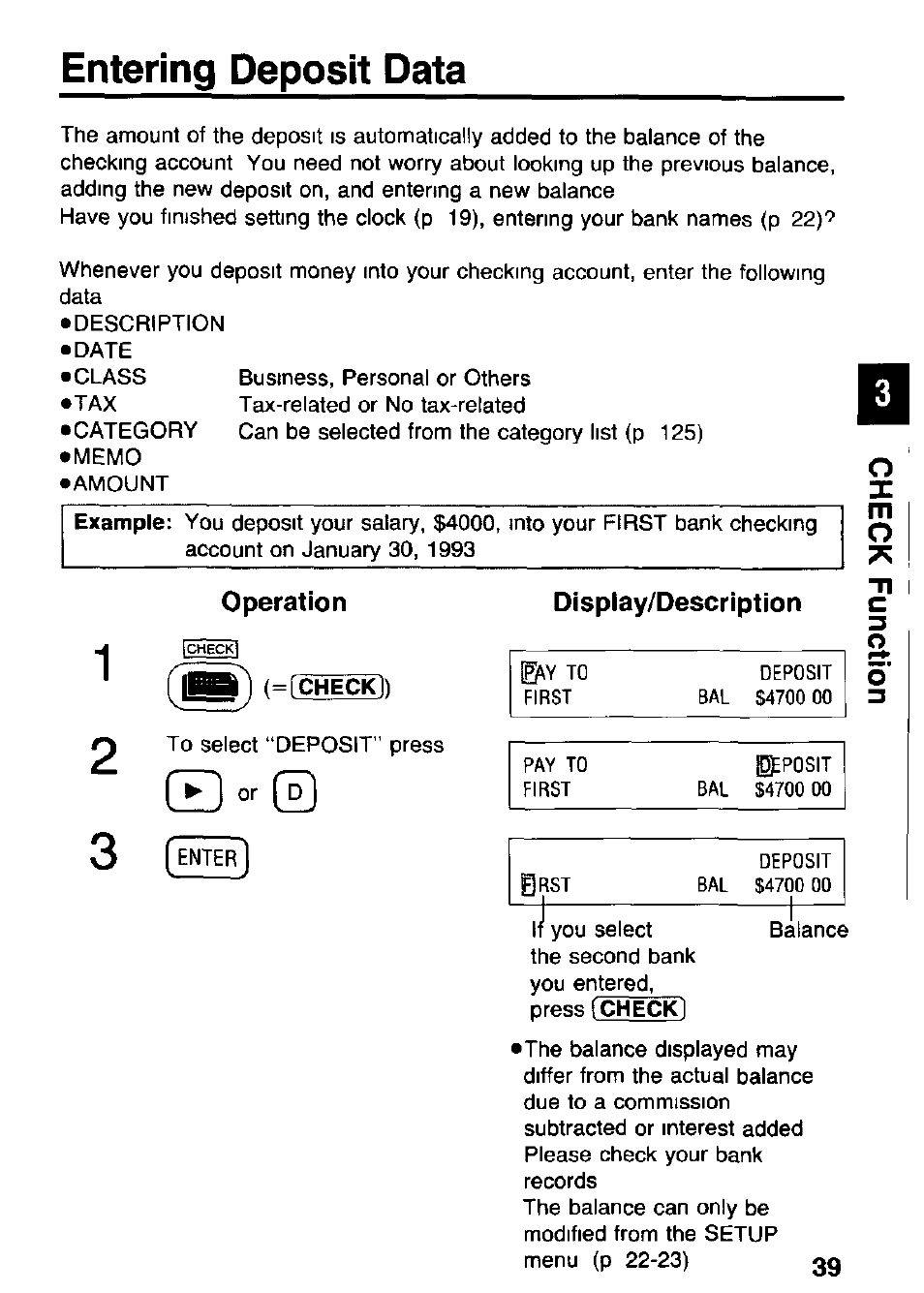Entering deposit data, Operation, Display/description | Panasonic KX-RC105 User Manual | Page 39 / 132
