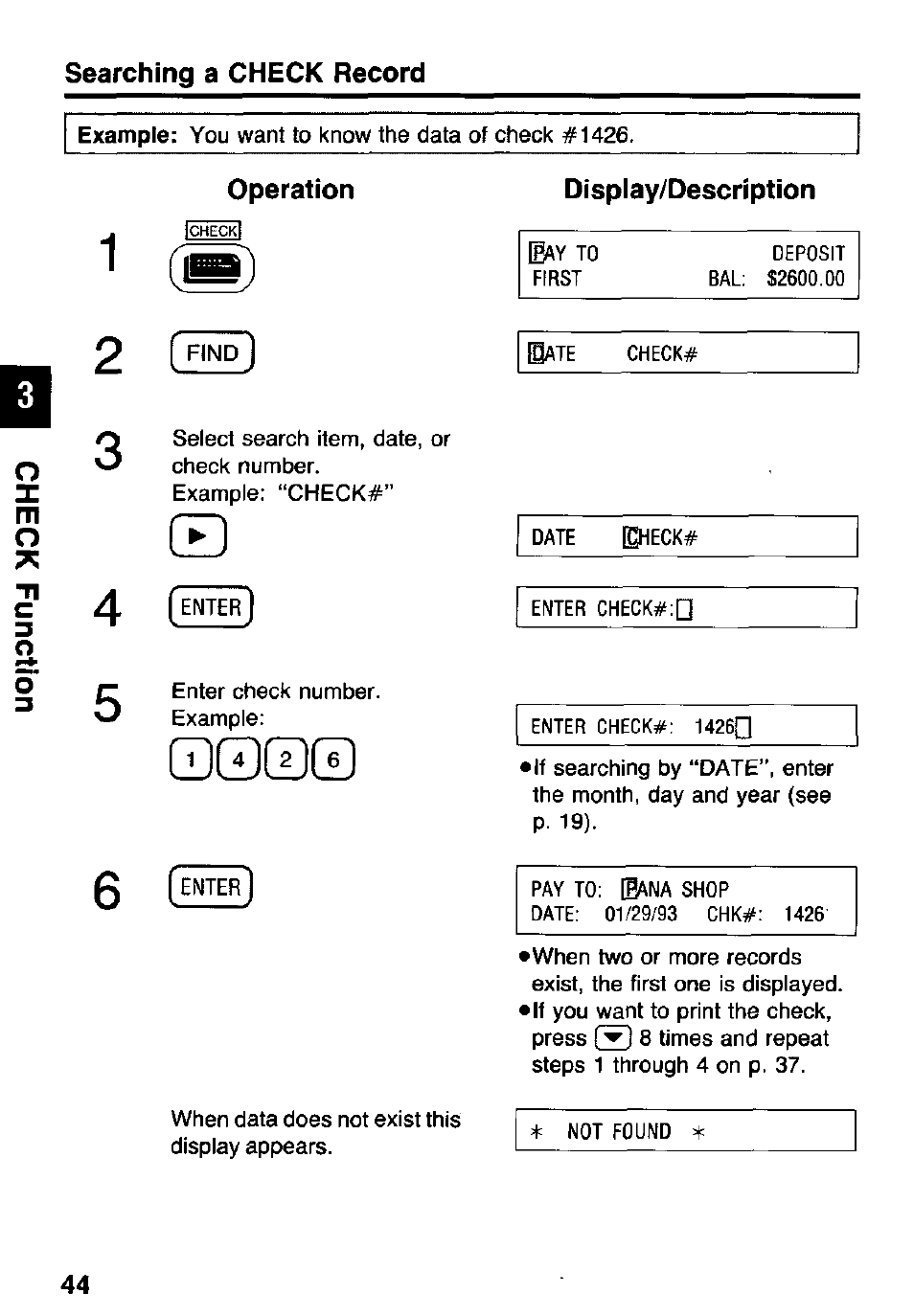 Searching a check record, Operation, Display/description | Panasonic KX-RC105 User Manual | Page 44 / 132