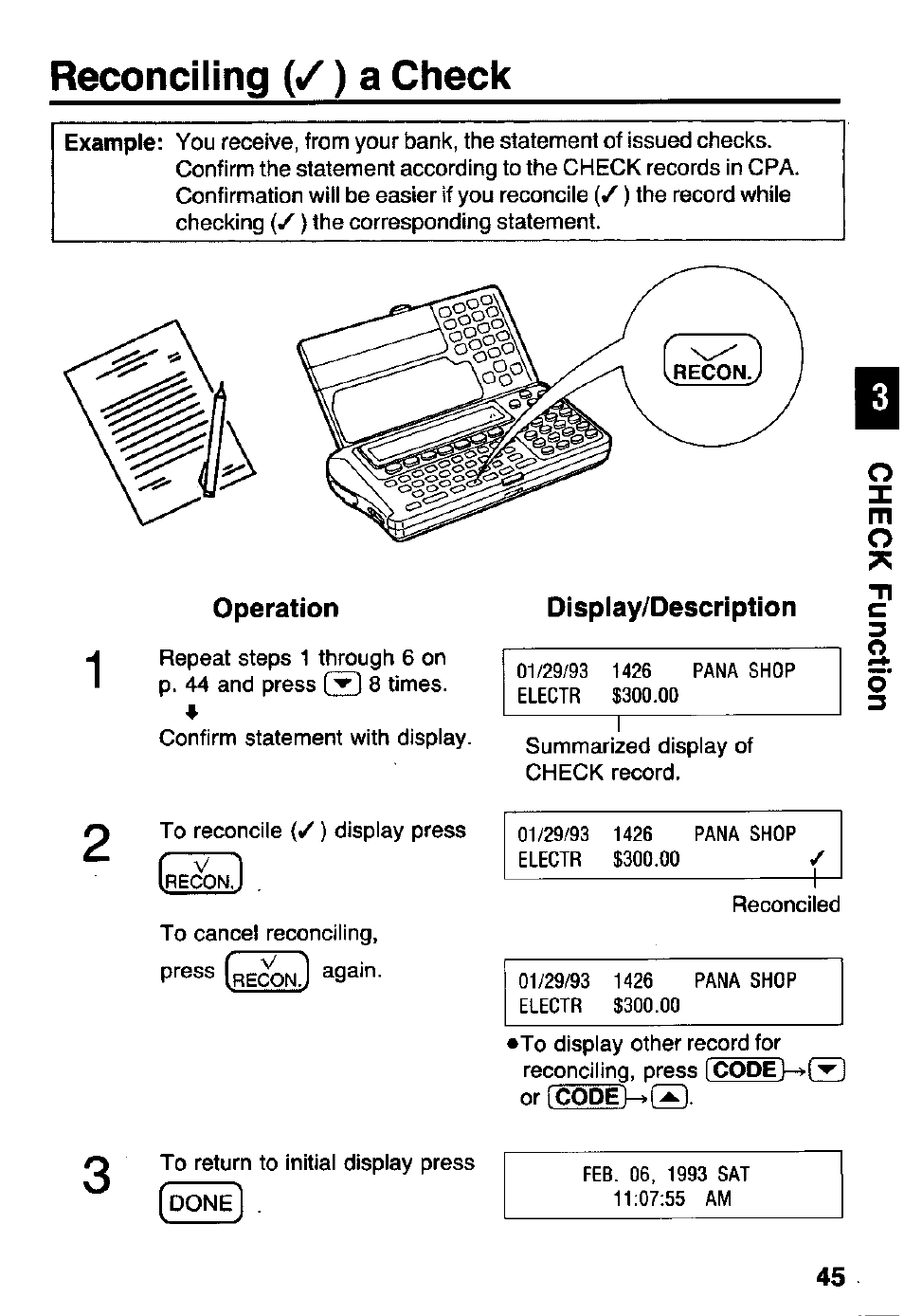 Reconciling (/ ) a check, Operation, Display/description | Reconciling (/) a check | Panasonic KX-RC105 User Manual | Page 45 / 132