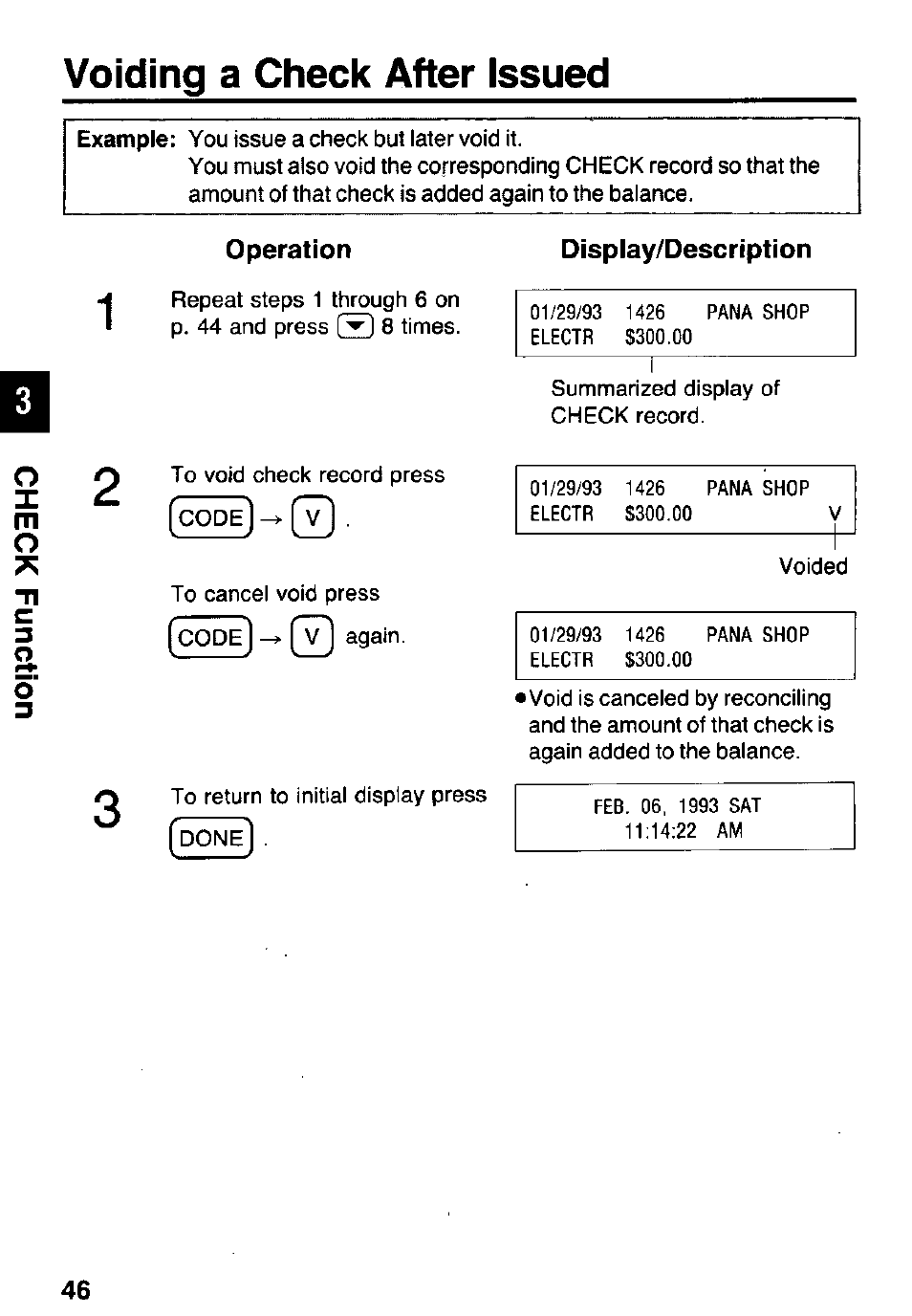 Voiding a check after issued, Operation, Display/description | Panasonic KX-RC105 User Manual | Page 46 / 132