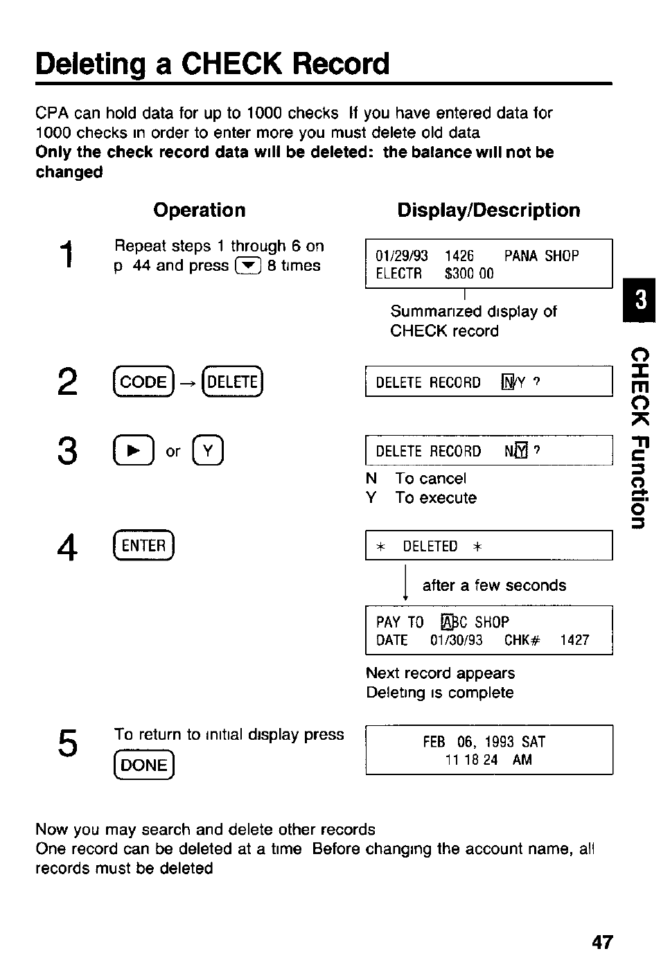 Deleting a check record, Operation, Display/description | Panasonic KX-RC105 User Manual | Page 47 / 132