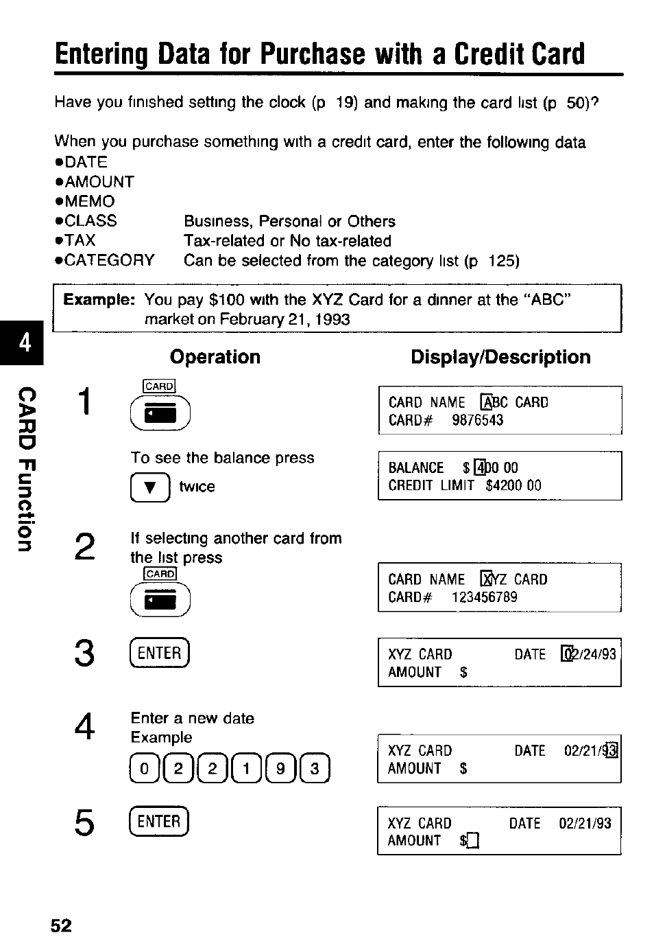 Entering data for purchase with a credit card, Operation, Display/description | Panasonic KX-RC105 User Manual | Page 52 / 132