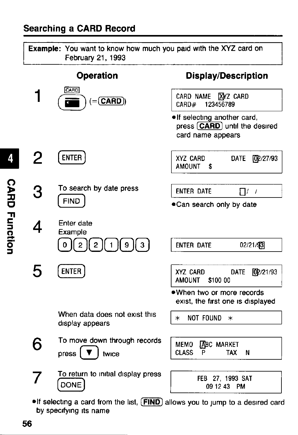 Searching a card record, Operation, Display/description | Panasonic KX-RC105 User Manual | Page 56 / 132