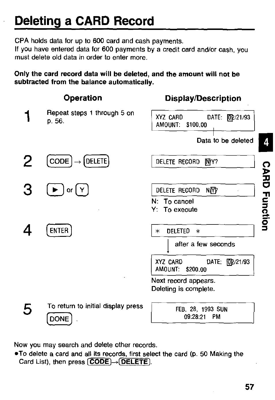 Display/description, Deleting a card record | Panasonic KX-RC105 User Manual | Page 57 / 132