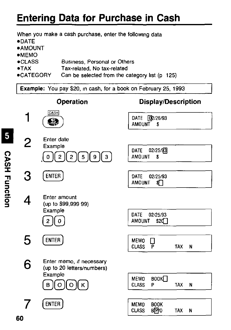 Entering data for purchase in cash, Operation, Display/description | Panasonic KX-RC105 User Manual | Page 60 / 132