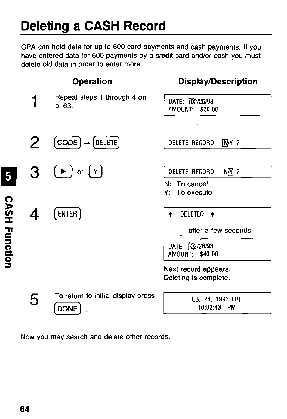Operation, Display/description, Deleting a cash record | Panasonic KX-RC105 User Manual | Page 64 / 132
