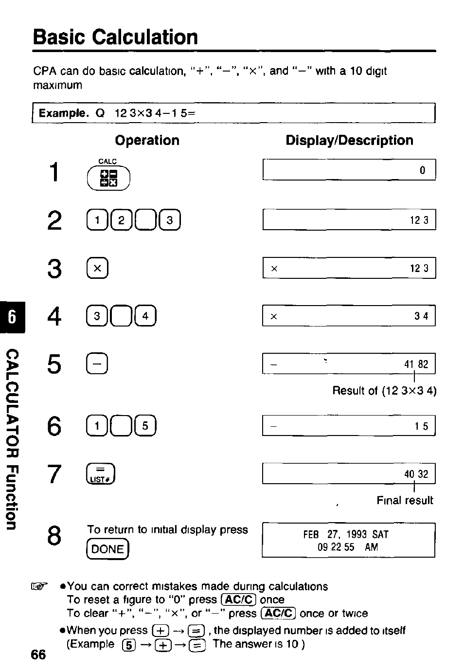 Basic calculation, Operation, Display/description | Panasonic KX-RC105 User Manual | Page 66 / 132