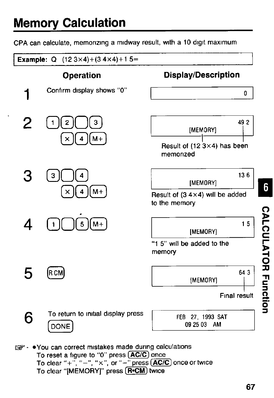 Memory calculation, Operation, Display/description | Q0o0 00 | Panasonic KX-RC105 User Manual | Page 67 / 132