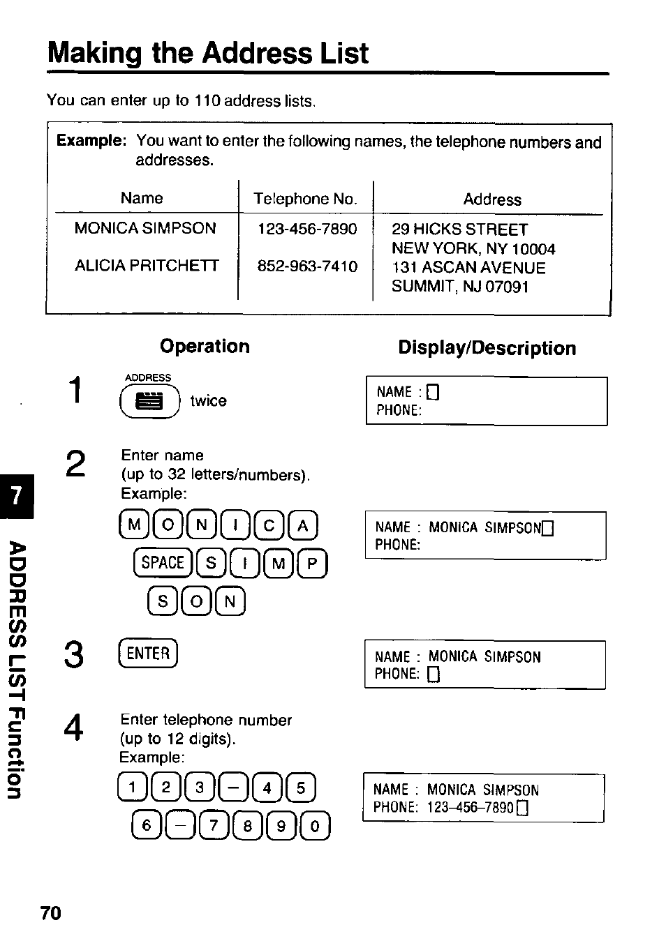 Making the address list, Operation, Display/description | G00qo | Panasonic KX-RC105 User Manual | Page 70 / 132