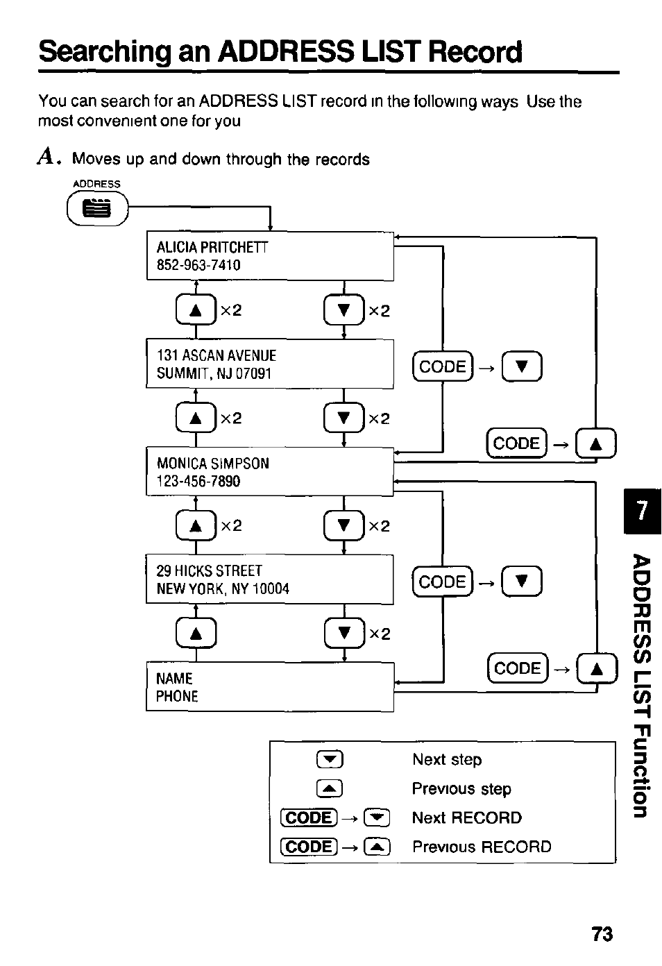 Searching an address list record, Searching an address list, Record | Panasonic KX-RC105 User Manual | Page 73 / 132