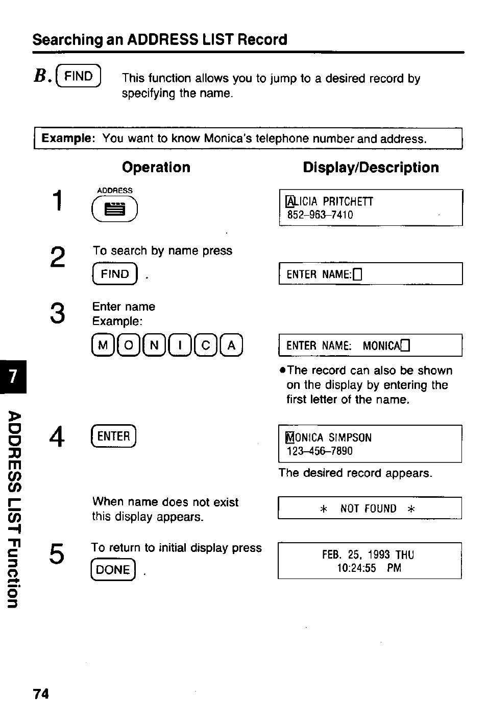 Searching an address list record, Operation, Display/description | Panasonic KX-RC105 User Manual | Page 74 / 132