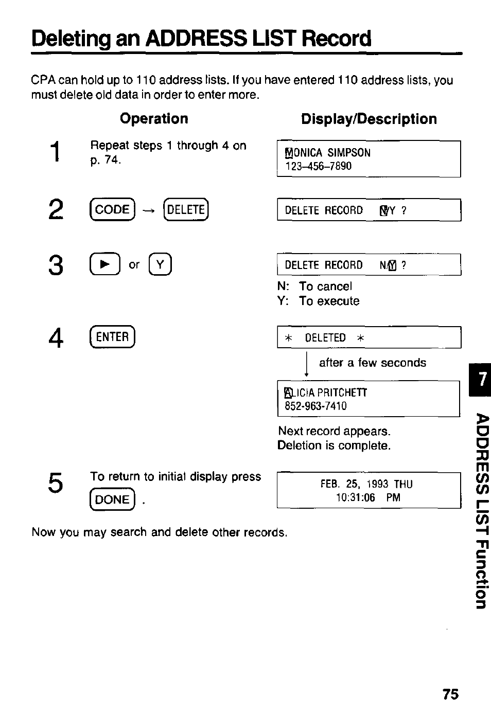Deleting an address list record, Display/description, 3 0 q | Panasonic KX-RC105 User Manual | Page 75 / 132