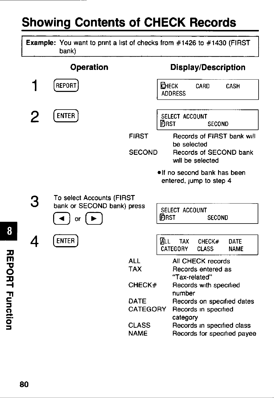 Showing contents of check records, Display/description, Operation display/description | Panasonic KX-RC105 User Manual | Page 80 / 132
