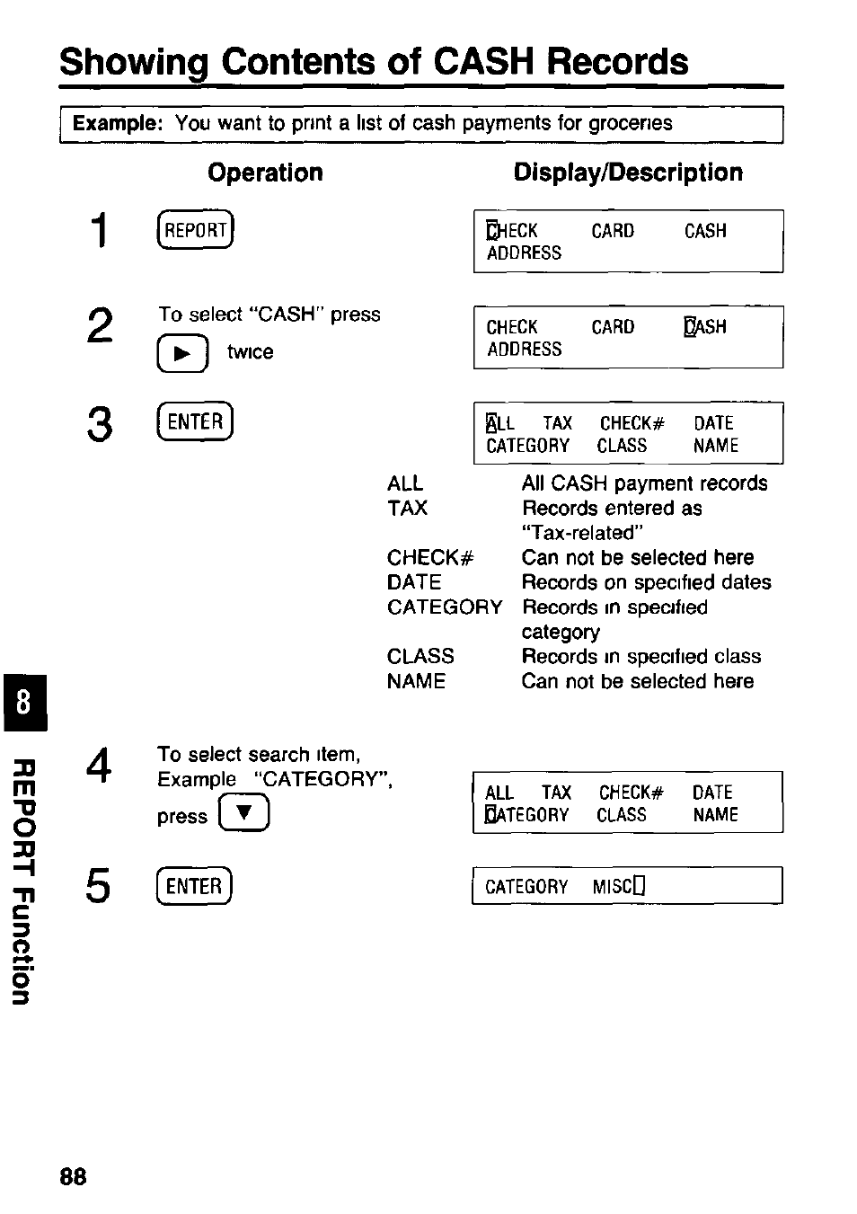 Showing contents of cash records, Operation, Display/description | Panasonic KX-RC105 User Manual | Page 88 / 132