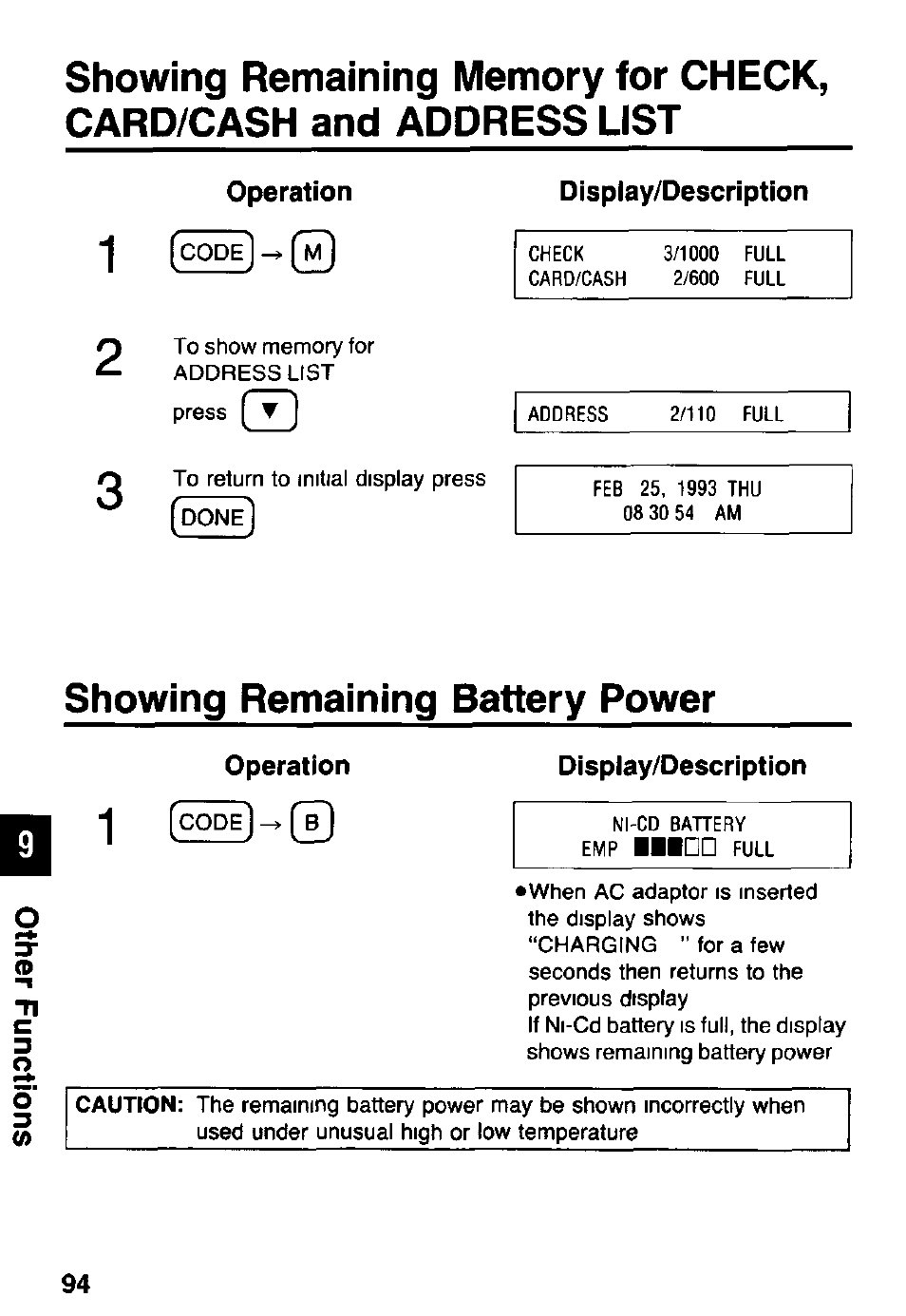 Showing remaining memory for, Check, card/cash and address list, Showing remaining battery power | Panasonic KX-RC105 User Manual | Page 94 / 132