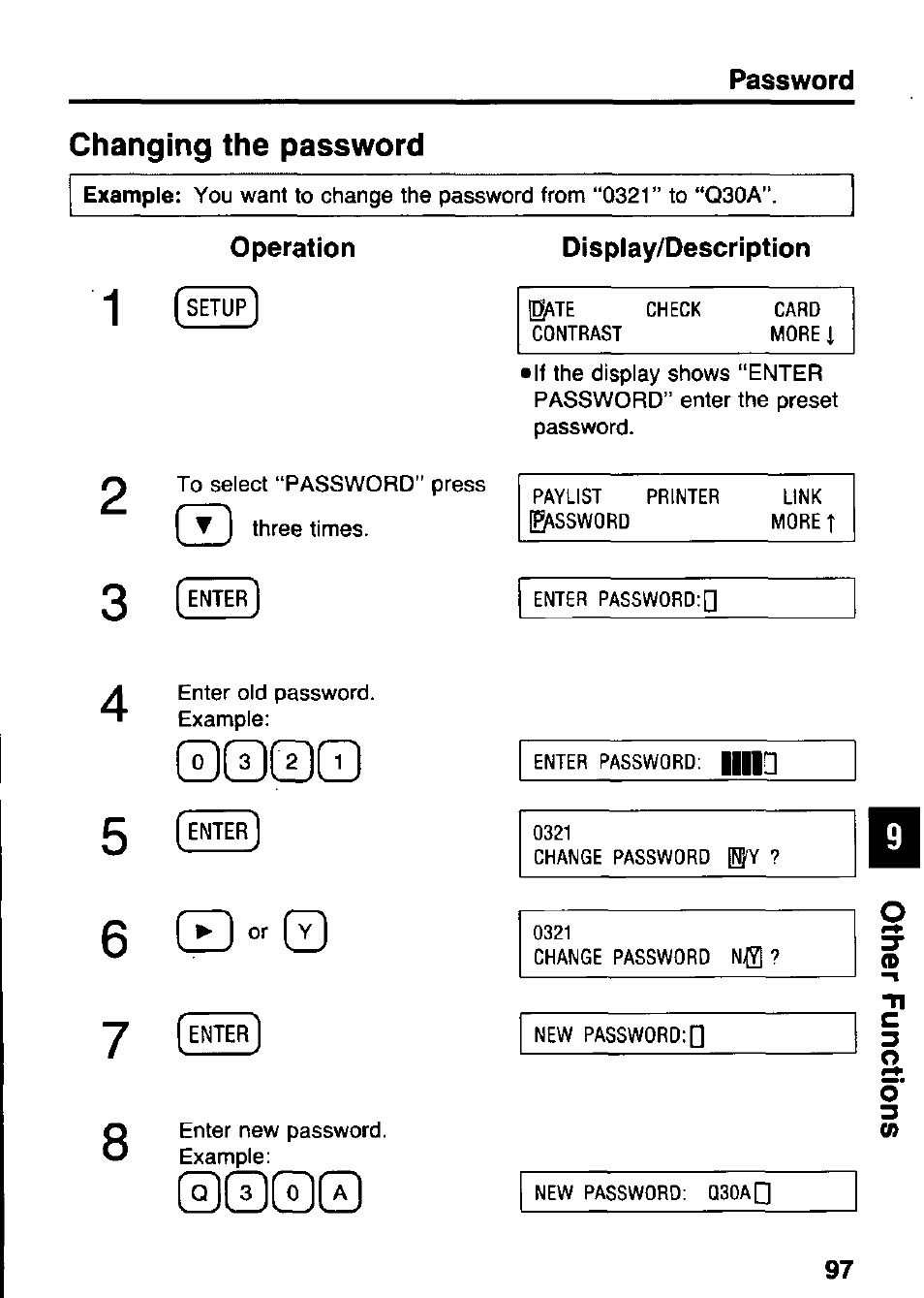 Changing the password, Operation, Display/description | Entering the password, Cd 0, 000q | Panasonic KX-RC105 User Manual | Page 97 / 132
