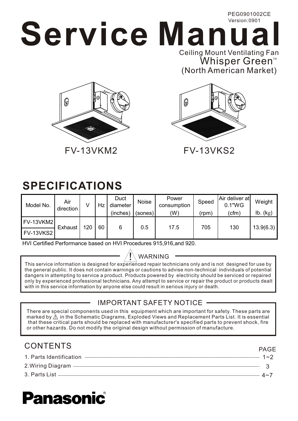 Panasonic WHISPER GREEN FV-13VKM2 User Manual | 8 pages