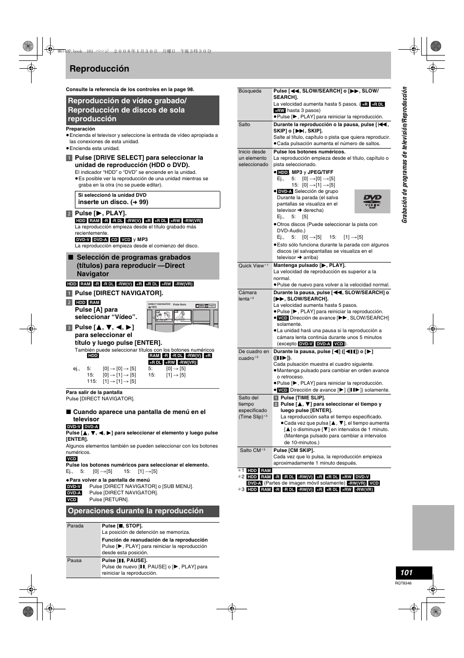 Reproducción, Operaciones durante la reproducción | Panasonic DMR-EH75V User Manual | Page 101 / 104