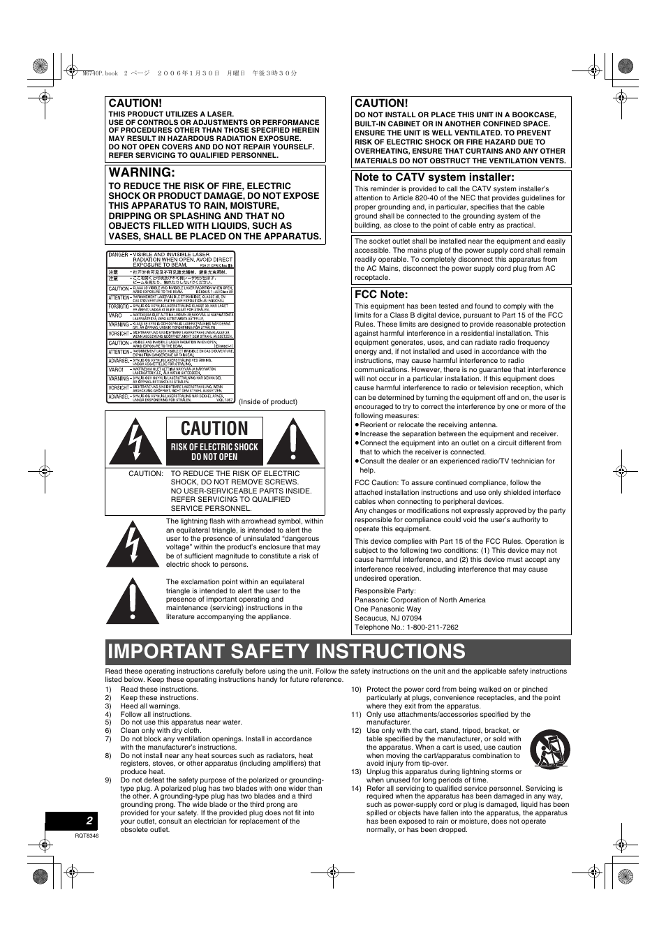 Getting started, Important safety instructions, Warning | Caution | Panasonic DMR-EH75V User Manual | Page 2 / 104