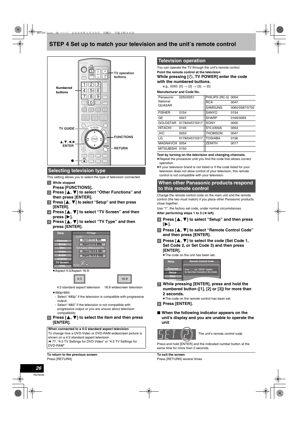 Step 4 set up to match your television and, The unit’s remote control, This remote control | L 26), L 26, Code, Selecting television type, Television operation | Panasonic DMR-EH75V User Manual | Page 26 / 104