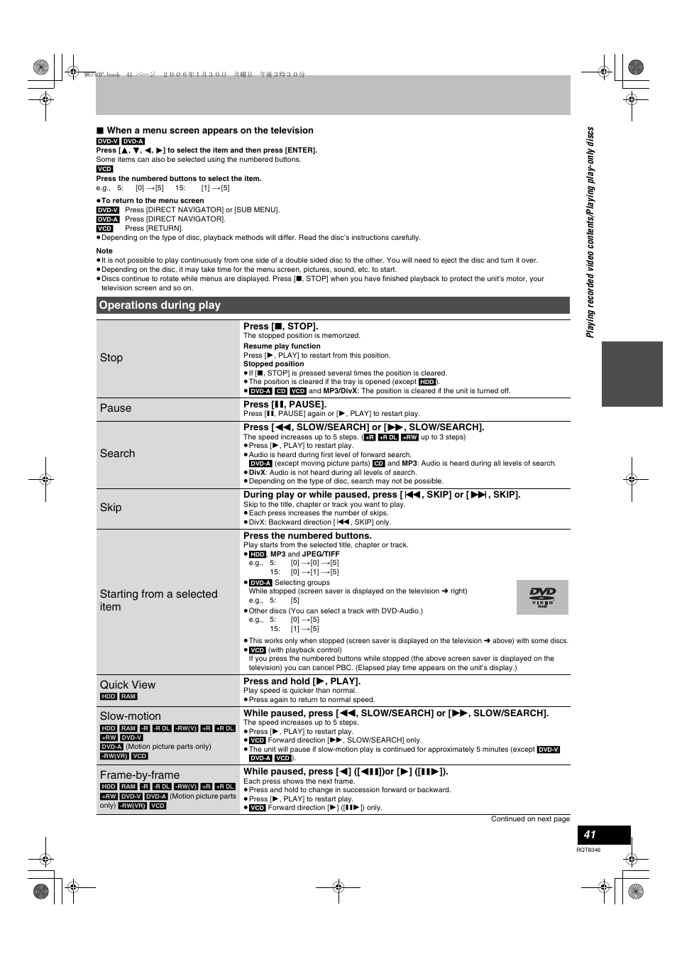 Operations during play, L 41, Operations during play stop | Pause, Search, Skip, Starting from a selected item, Quick view, Slow-motion, Frame-by-frame | Panasonic DMR-EH75V User Manual | Page 41 / 104