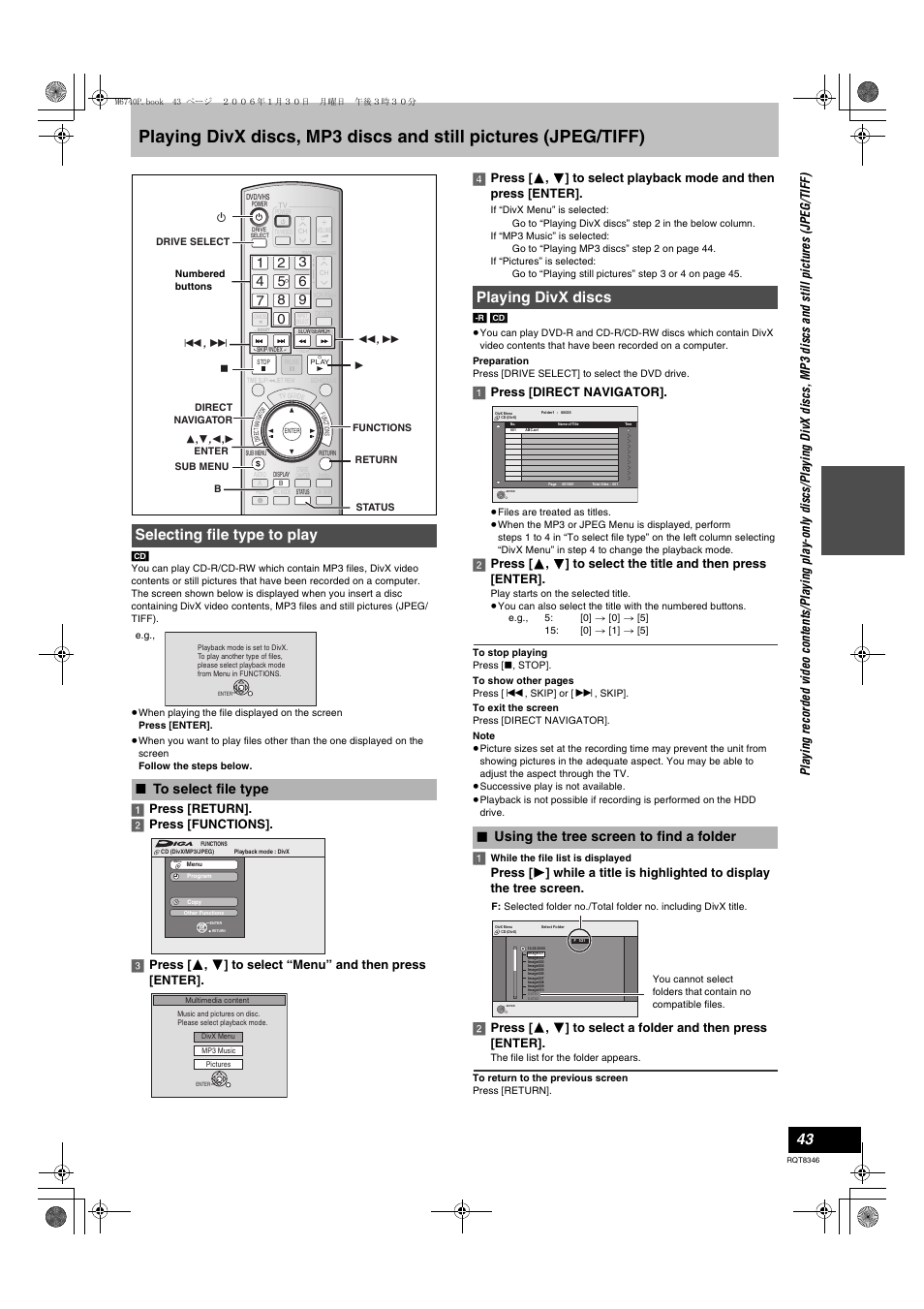 Playing divx discs, mp3 discs and, Still pictures (jpeg/tiff), Selecting file type to play | To select file type, Playing divx discs, Using the tree screen to find a folder, L 43, L 43), 1] press [direct navigator | Panasonic DMR-EH75V User Manual | Page 43 / 104
