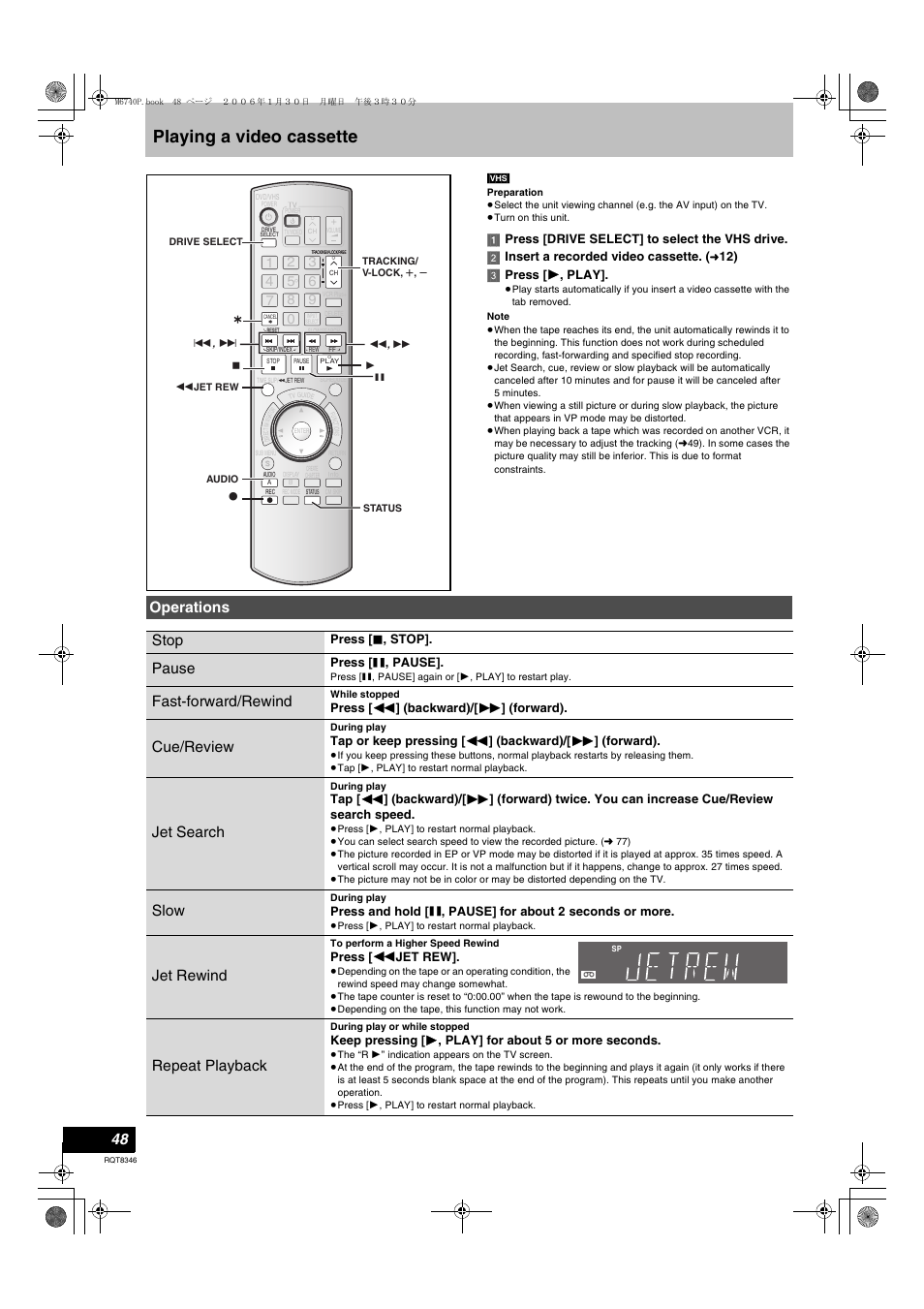 Playing a video cassette, Playing a video cassette ≥operations, L 48 | Operations stop, Pause, Fast-forward/rewind, Cue/review, Jet search, Slow, Jet rewind | Panasonic DMR-EH75V User Manual | Page 48 / 104