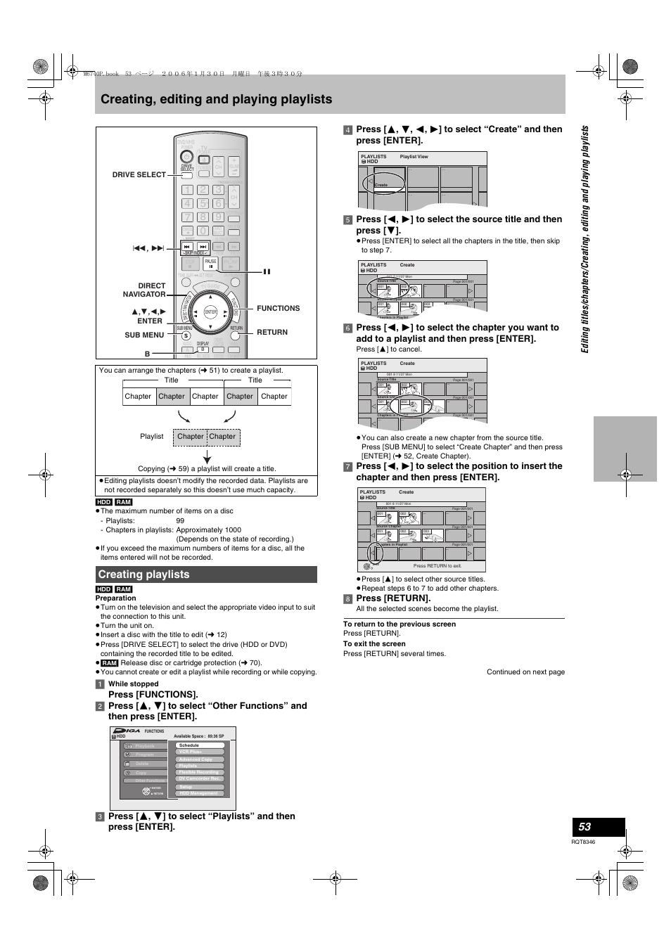 Creating, editing and playing playlists, L 53), Creating playlists | 8] press [return | Panasonic DMR-EH75V User Manual | Page 53 / 104