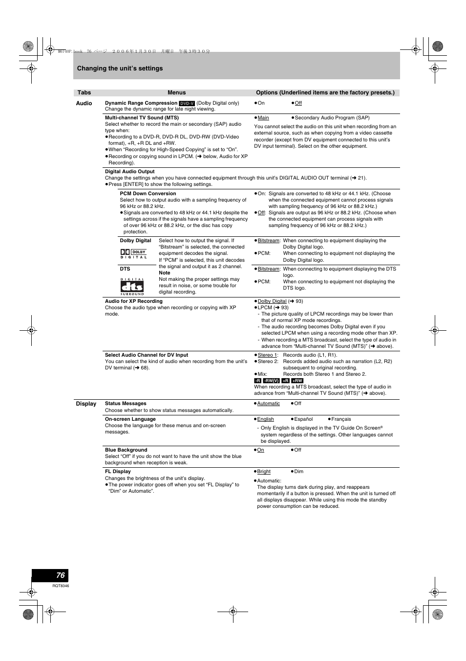 L 76, Multi-channel tv sound (mts), L 76, audio for | Xp recording), L 76, multi-channel tv sound (mts), Digital audio output, L 76), Audio for xp recording” is s, In “multi-channel tv sound (mts), Audio for xp recording” i | Panasonic DMR-EH75V User Manual | Page 76 / 104