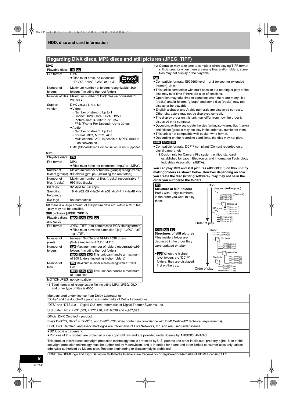 Regarding divx discs, mp3 discs and, Still pictures (jpeg, tiff), Hdd, disc and card information | Panasonic DMR-EH75V User Manual | Page 8 / 104