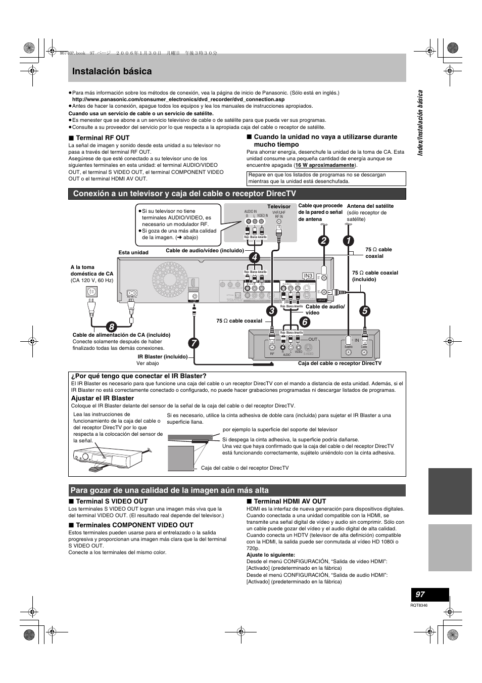 Instalación básica, Terminal rf out, Terminal s video out | Terminales component video out, Terminal hdmi av out, Por qué tengo que conectar el ir blaster, Ajustar el ir blaster, Inde x/ in st al aci ó n bá si ca | Panasonic DMR-EH75V User Manual | Page 97 / 104