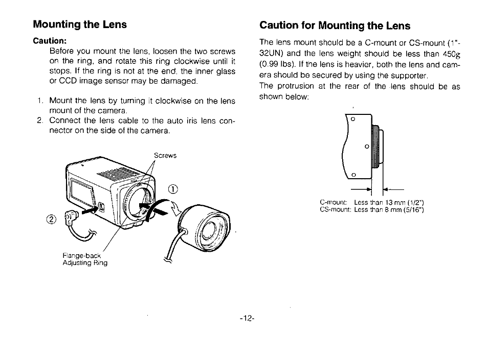 Caution, Mounting the lens caution for mounting the lens | Panasonic WV-CPR650 User Manual | Page 14 / 48