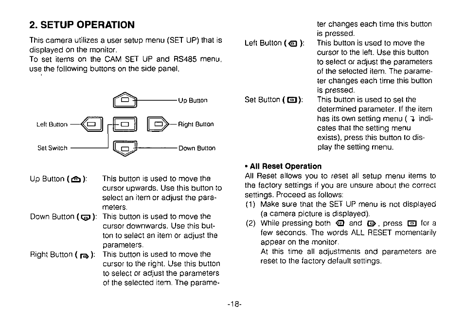 All reset operation, Setup operation | Panasonic WV-CPR650 User Manual | Page 20 / 48