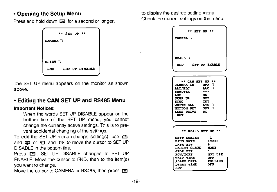 Opening the setup menu, Editing the cam set up and rs485 menu | Panasonic WV-CPR650 User Manual | Page 21 / 48