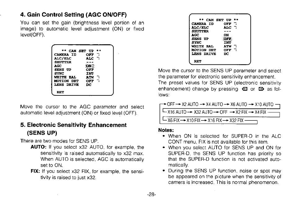 Gain control setting (agc on/off), Electronic sensitivity enhancement (sens up) | Panasonic WV-CPR650 User Manual | Page 30 / 48