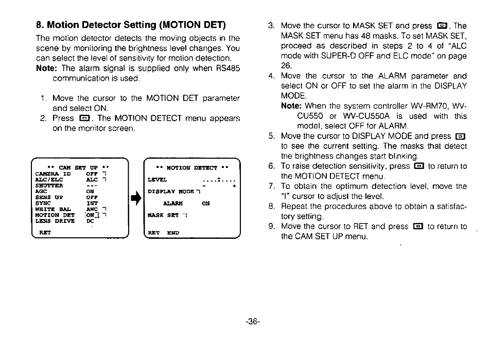 Motion detector setting (motion det) | Panasonic WV-CPR650 User Manual | Page 38 / 48