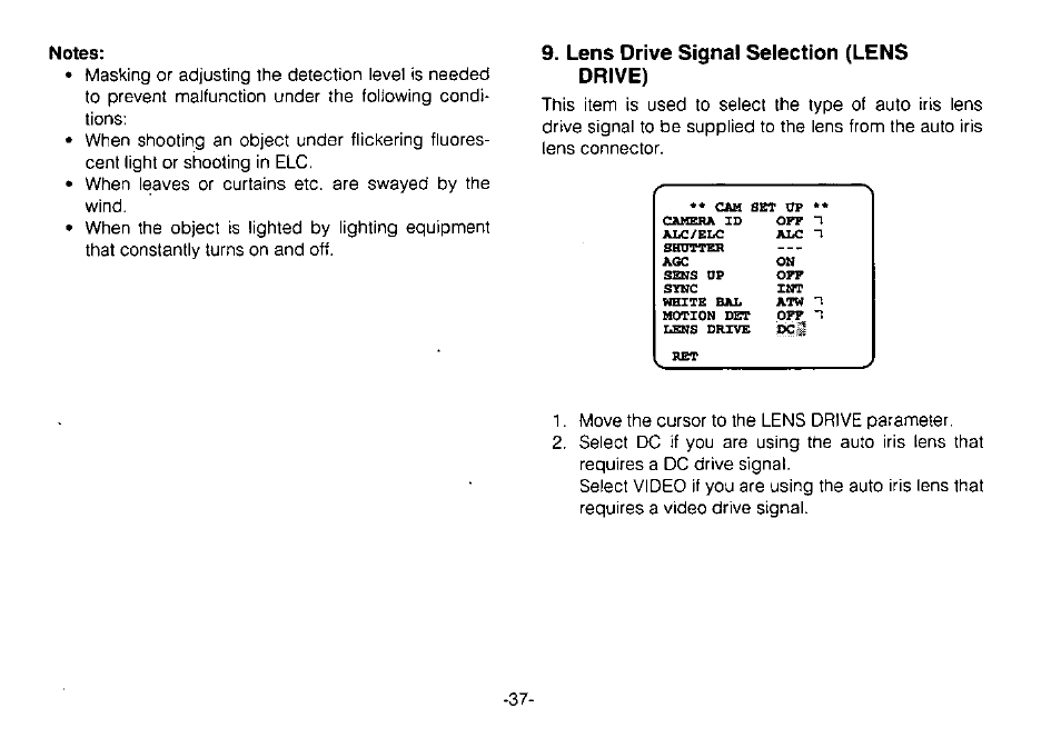 Notes, Lens drive signal selection (lens drive) | Panasonic WV-CPR650 User Manual | Page 39 / 48