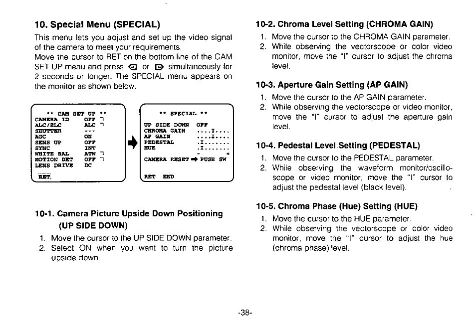 3. aperture gain setting (ap gain), 4. pedestal level.setting (pedestal), 5. chroma phase (hue) setting (hue) | Special menu (special) | Panasonic WV-CPR650 User Manual | Page 40 / 48