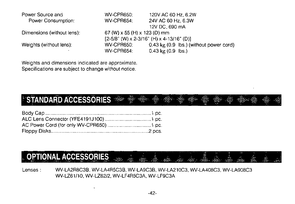 Standard accessories, Optional accessories | Panasonic WV-CPR650 User Manual | Page 44 / 48