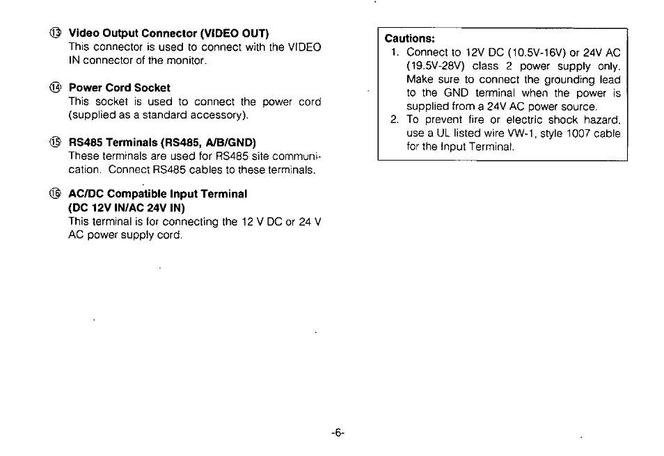 Video output connector (video out), Power cord socket, Rs485 terminals (rs485, a/b/gnd) | Panasonic WV-CPR650 User Manual | Page 8 / 48